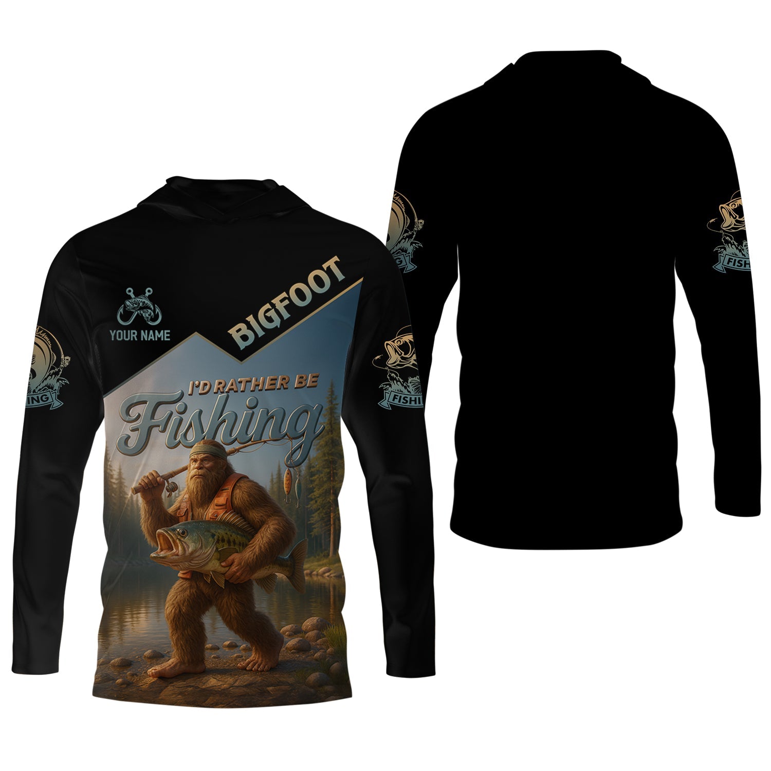 I'd Rather Be Fishing, Bigfoot Fishing UPF Shirts, Funny Men Fishing Shirt, Long Sleeve Fishing Shirts