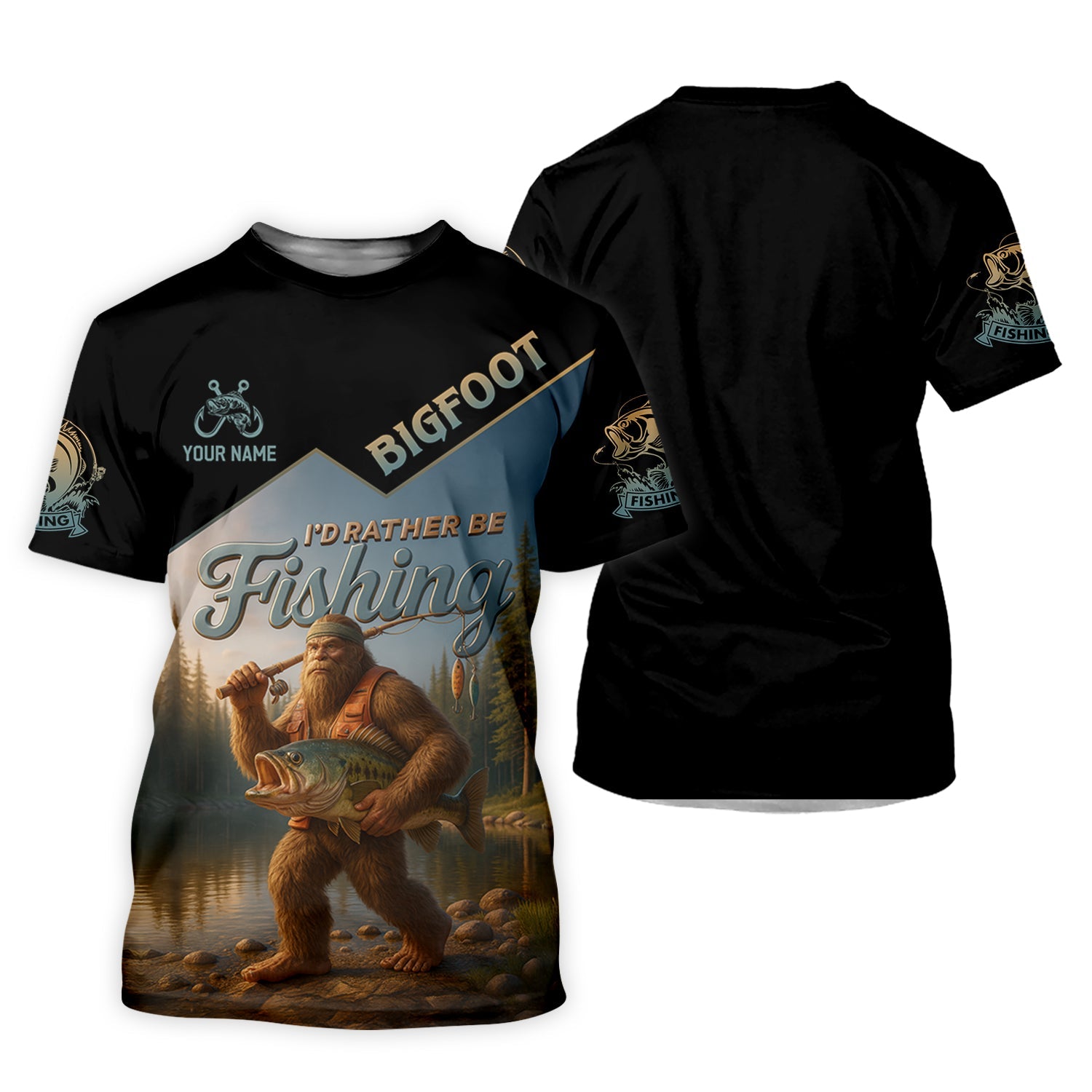 I'd Rather Be Fishing, Bigfoot Fishing UPF Shirts, Funny Men Fishing Shirt, Long Sleeve Fishing Shirts