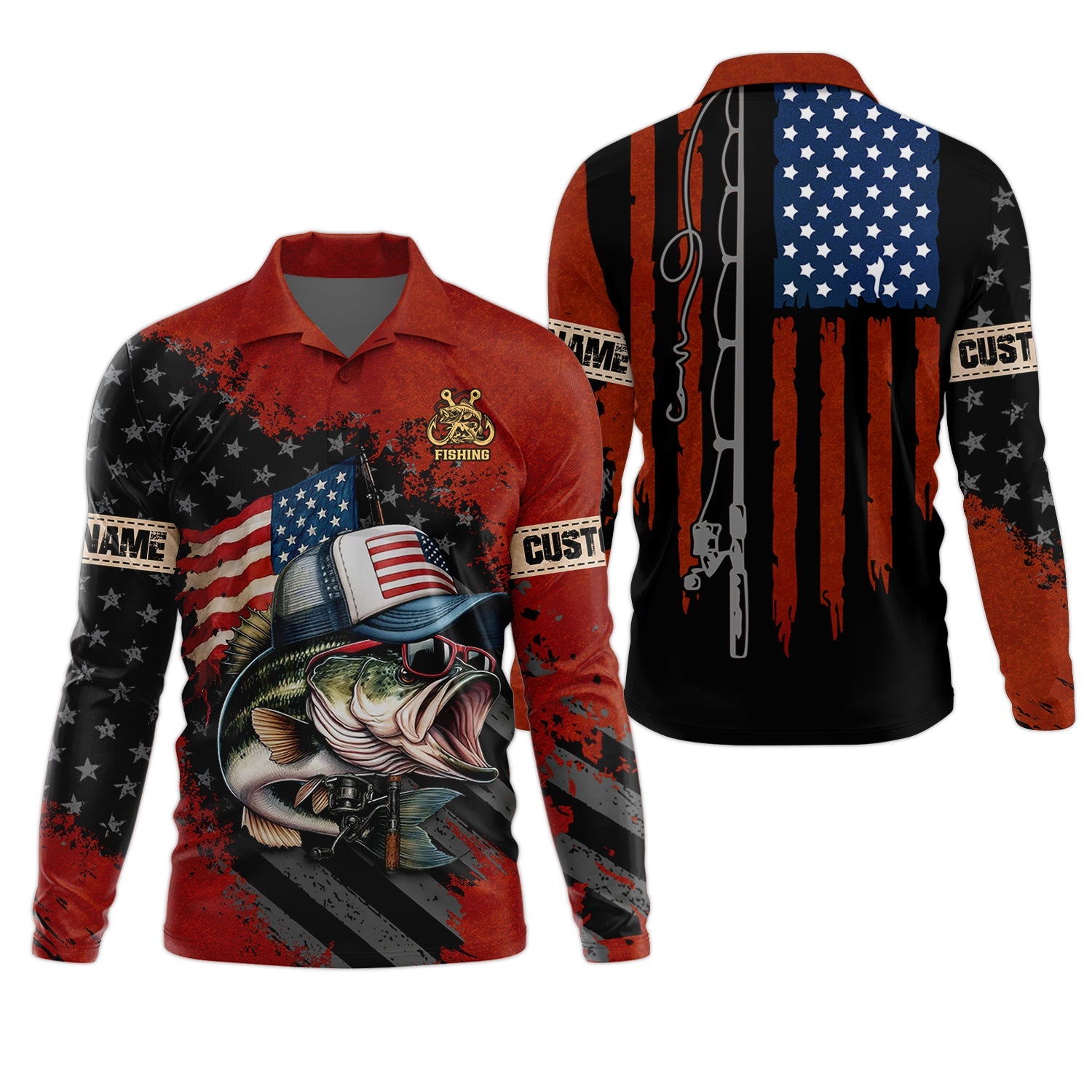 Patriotic Fishing Shirt, Largemouth Bass Fishing SPF Shirt, Fisherman Outfit, Men Long Sleeve Shirt