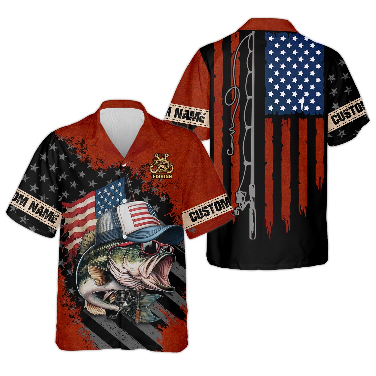 Patriotic Fishing Shirt, Largemouth Bass Fishing SPF Shirt, Fisherman Outfit, Men Long Sleeve Shirt