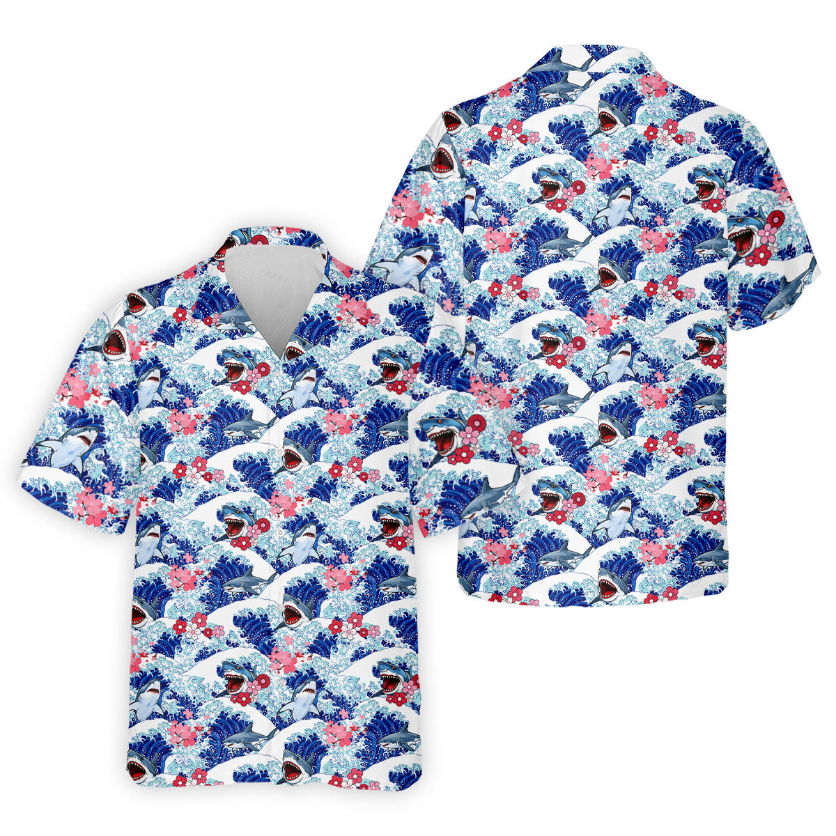 Funny Shark Japanese Wave Hawaiian Golf Shirt, Men's Golf Shirt, Polo Shirts For Men