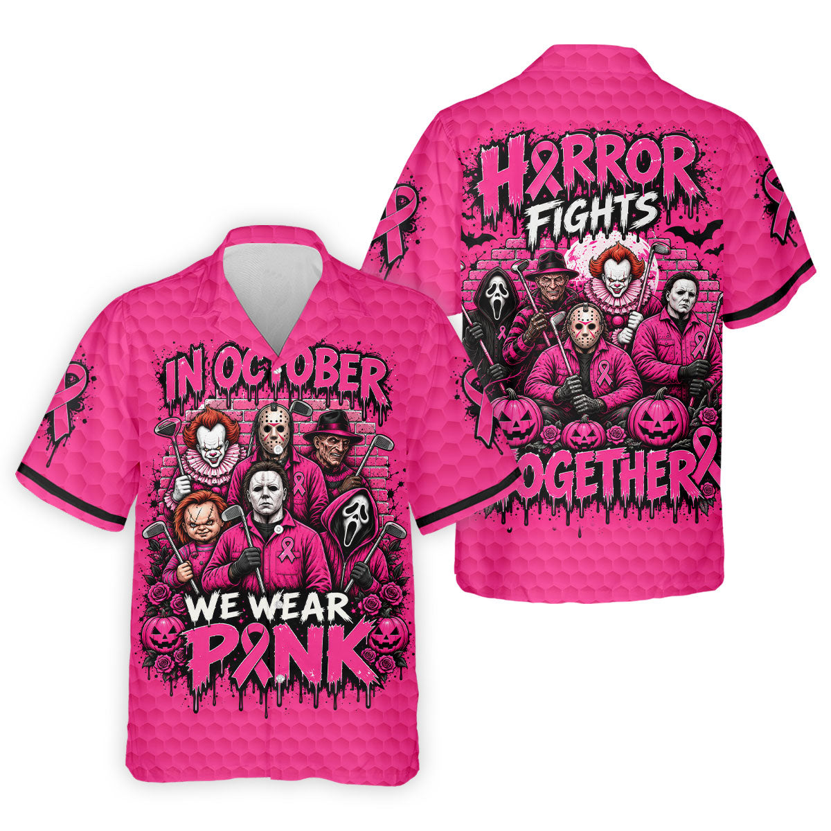 Horror Fights Together Pink Ribbon Polo Shirt, Golf Shirts For Men, Polo Shirts For Men