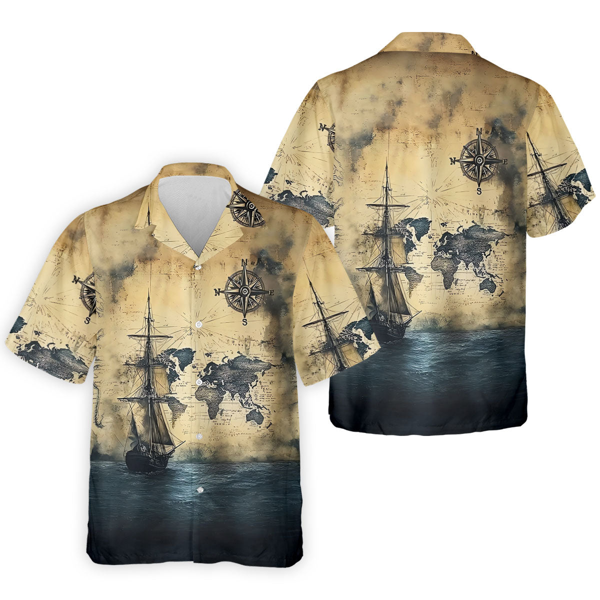 Vintage Ship Map Compass Ocean Golf Shirt, Hawaiian Golf Shirt, Mens Golf Shirts