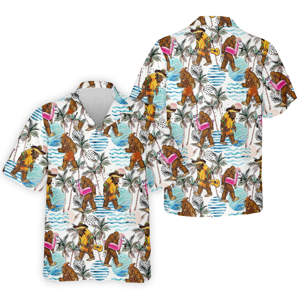 Bigfoot With Flamingo Float And Guitar Tropical Pattern Hawaiian Golf Polo, Golf Gift For Men, Golfing Apparel