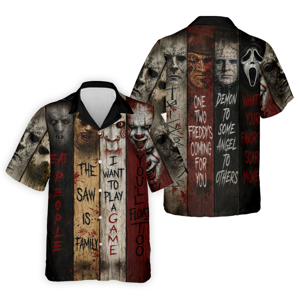 Vintage Wood Panel Horror Character Halloween Golf Shirt, Mens Golf Apparel, Hawaiian Golf Shirt