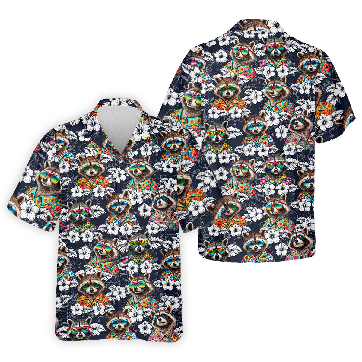 Cool Raccoons in Rainbow Sunglasses Hawaiian Golf Polo, Golf Tops For Men, Golfing Apparel