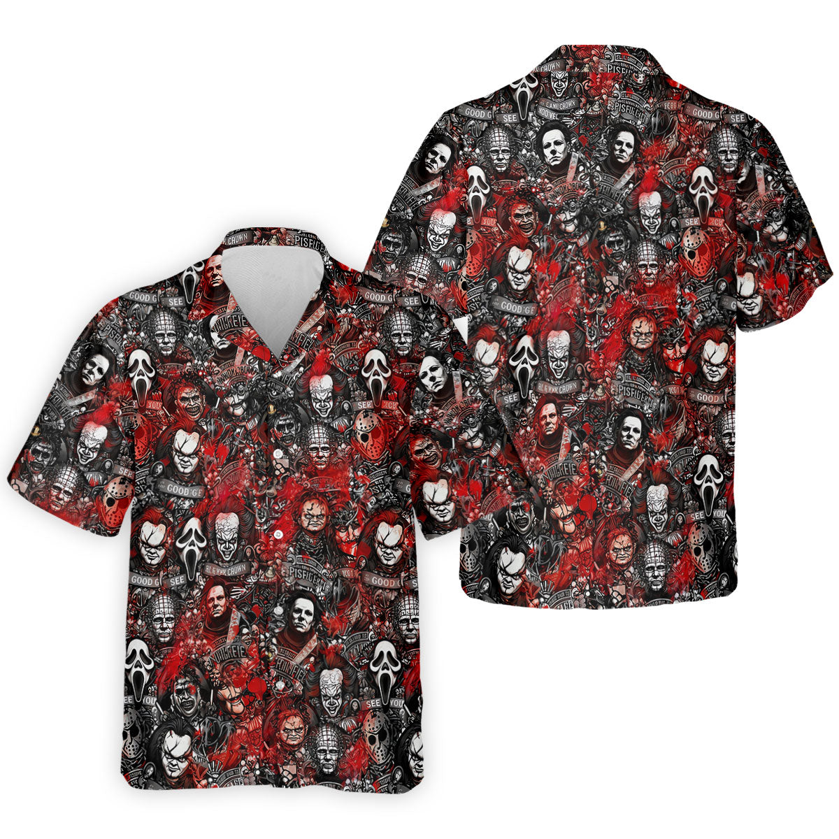 Red Horror Character Collage Halloween Golf Shirt, Men's Golf Shirt, Hawaiian Golf Shirt