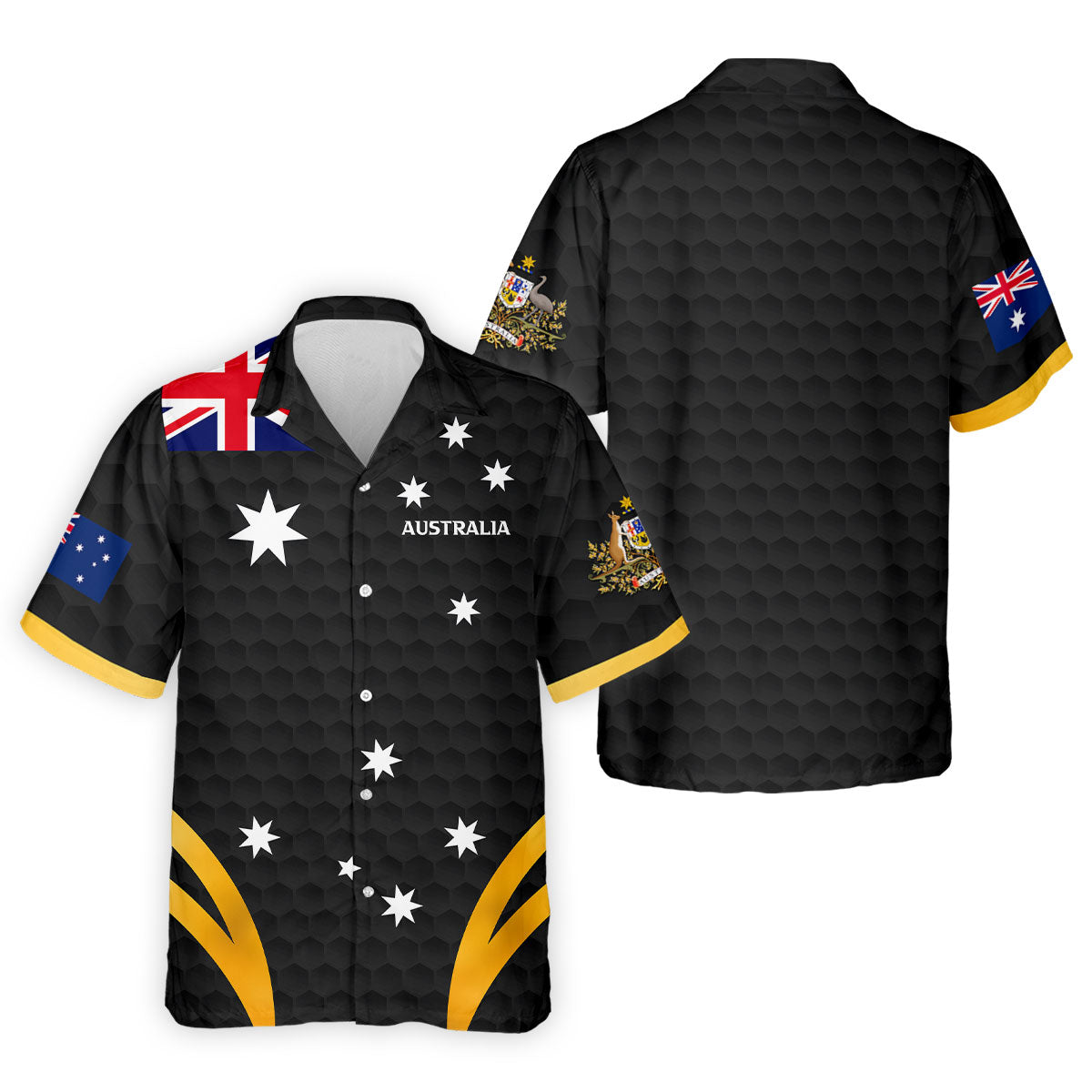 Australia Flag Print Golf Ball Pattern Black Golf Shirt, Australian Symbol Polo Shirts For Men