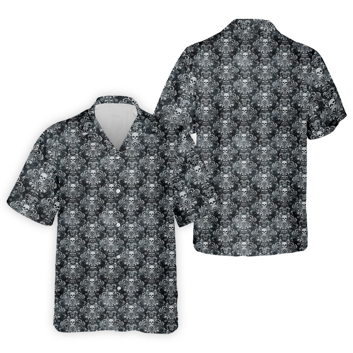 Skull Damask Charcoal Grey Gothic Floral Golf Tops For Men, Polo ShirtFor Men, Golf Shirts For Men