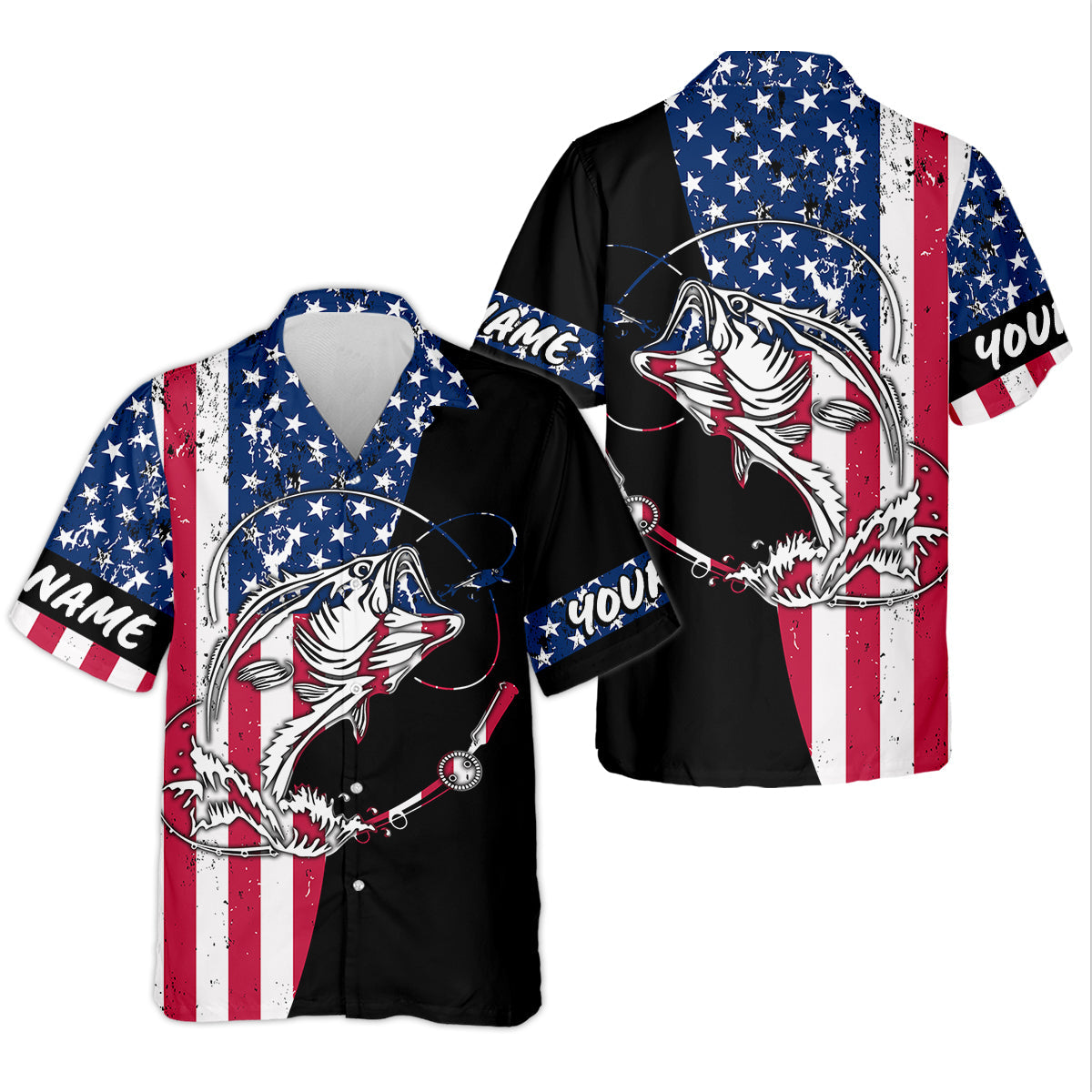 American Flag Fishing Shirt, Personalized Bass Fishing UPF Long Sleeve Shirt for Men