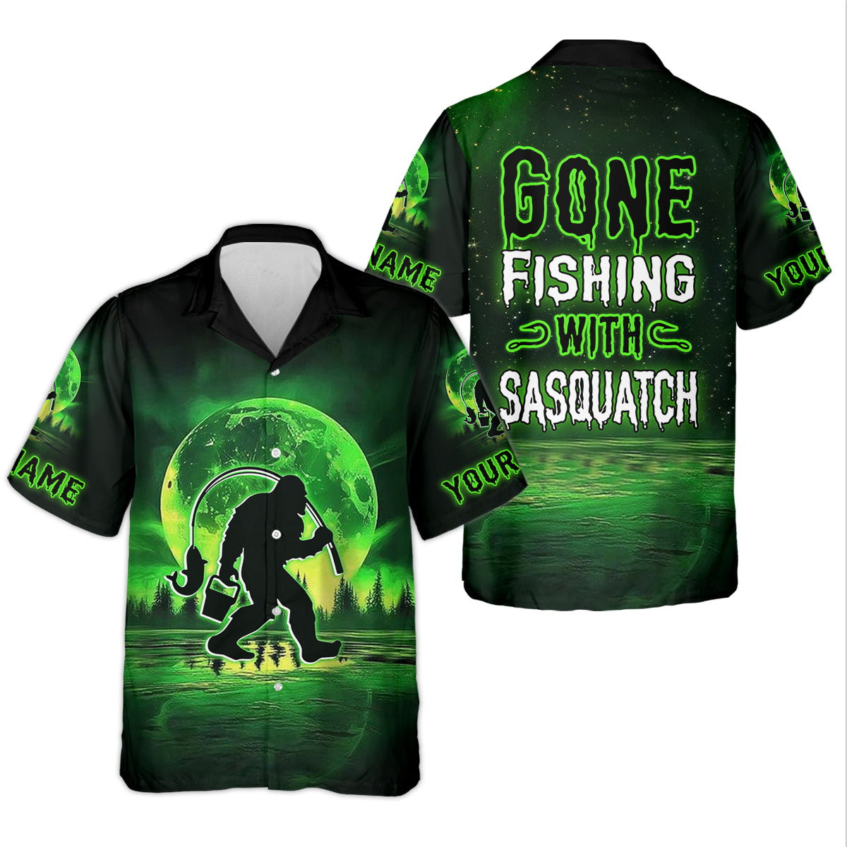 Gone Fishing With Sasquatch Neon Green Color Funny Fishing Shirt, SPF Shirt For Men, Presents For Fishermen
