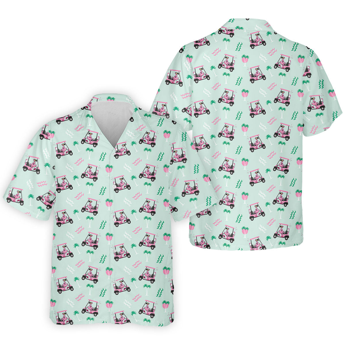 Funny Flamingo Golf Cart Tropical Pattern Polo Shirt, Mens Golf Polo, Golf Apparel For Men