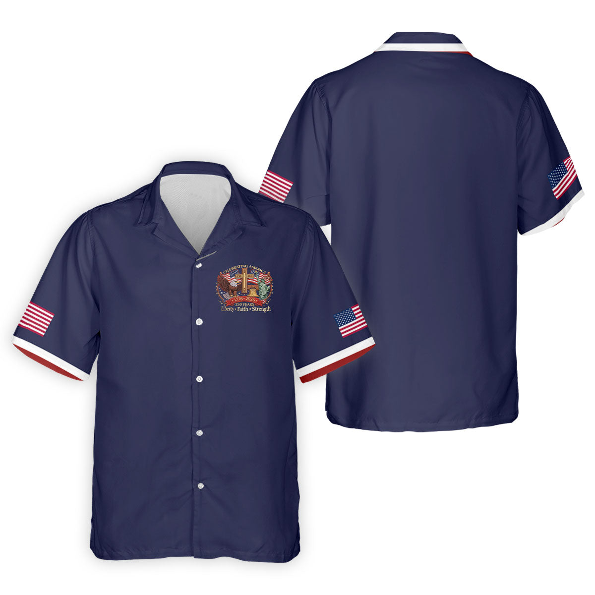 Liberty Faith Strength Faith Cross USA 250 Navy Golf Shirt, 4th Of July Golf Shirts For Men
