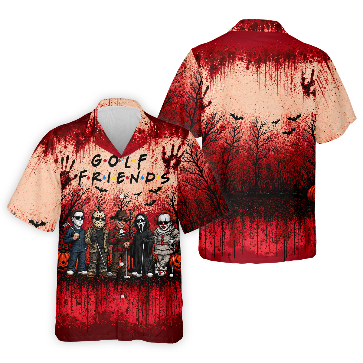Golf Friends Halloween Horror Character Group Polo Shirt, Mens Golf Polo, Golf Apparel