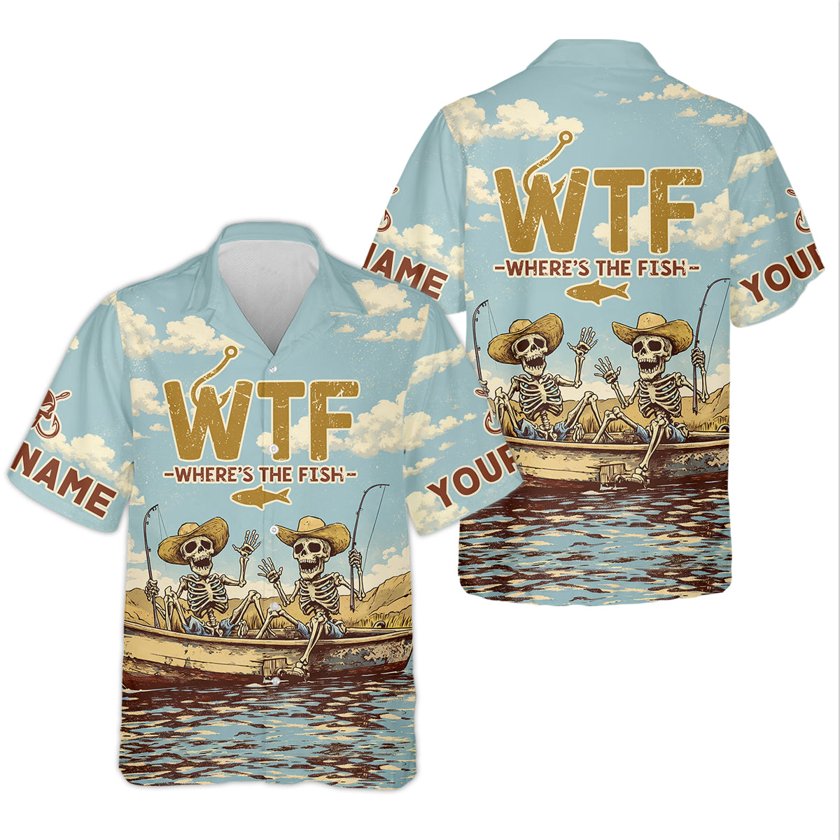 Personalized WTF Where’s The Fish Fishing Shirt, Funny Skeleton Fishermen Boat, Custom Name