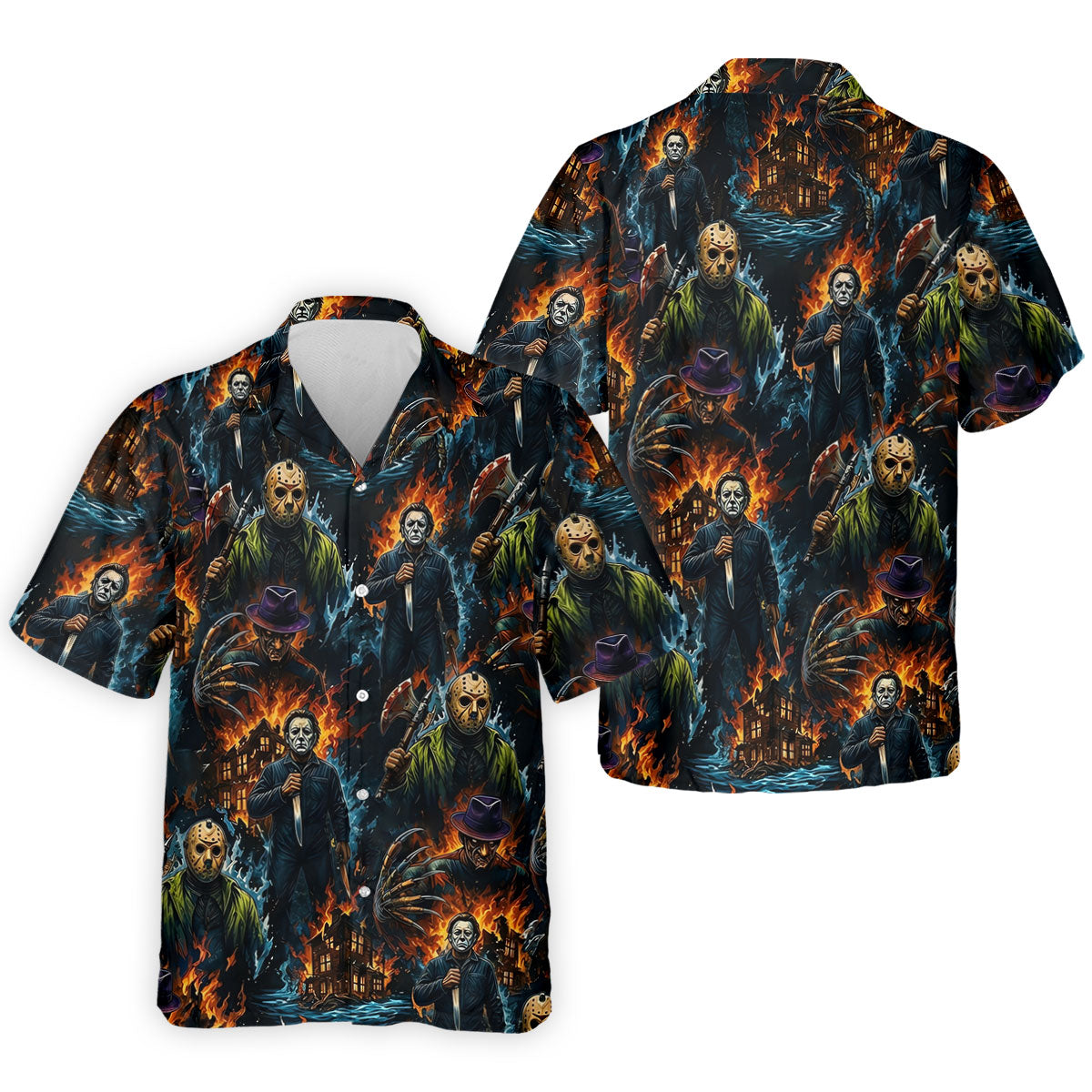 Horror Character Fire Collage Halloween Polo Shirt, Mens Golf Shirts, Mens Polo Shirts