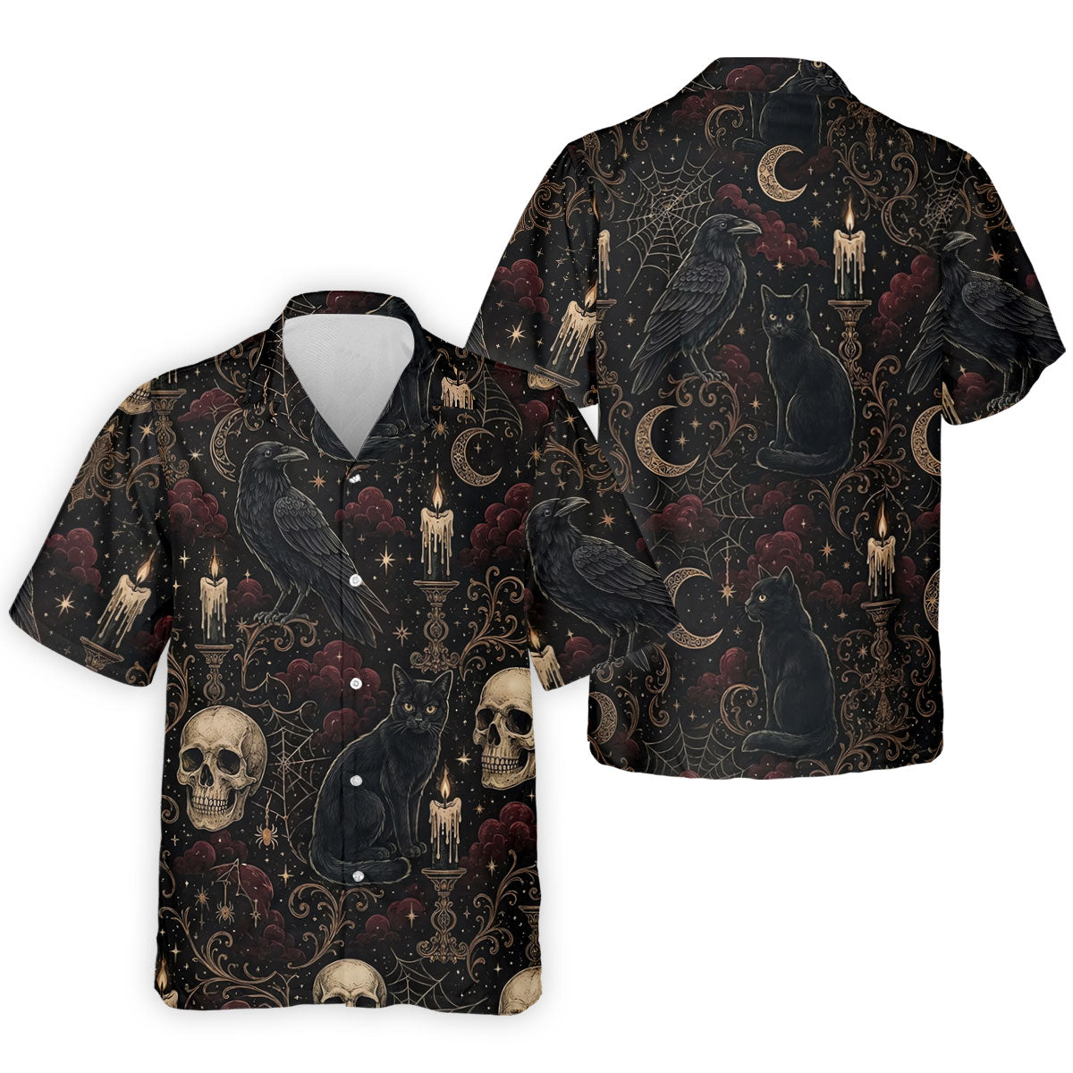 Gothic Raven Black Cat Skull Halloween Polo Shirt, Golf Shirts For Men, Mens Golf Apparel
