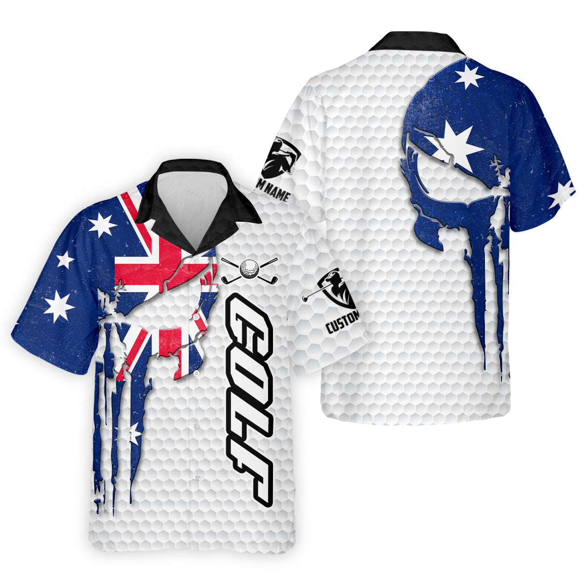 Cool Skull Golf Ball Pattern Australia Flag Print White Golf Shirt, Polo Shirts For Men