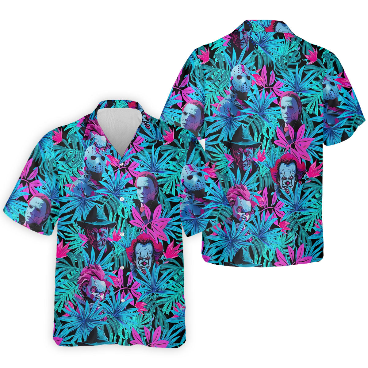 Neon Halloween Horror Character Hawaiian Golf Shirt, Men's Golf Shirt, Printed Golf Polo Shirt