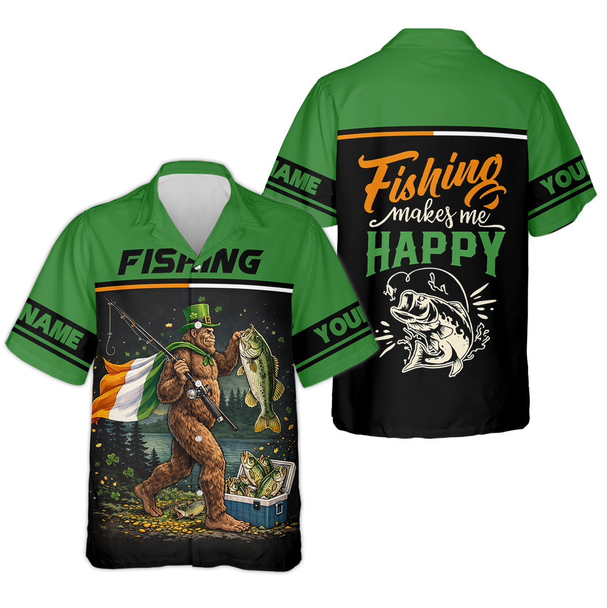 Fishing Makes Me Happy Shirt, Personalized Bigfoot St. Patrick’s Day Fishing Long Sleeve For Men