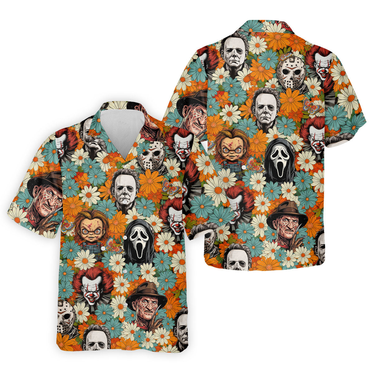 Floral Horror Character Halloween Golf Shirt, Mens Golf Apparel, Hawaiian Golf Shirt
