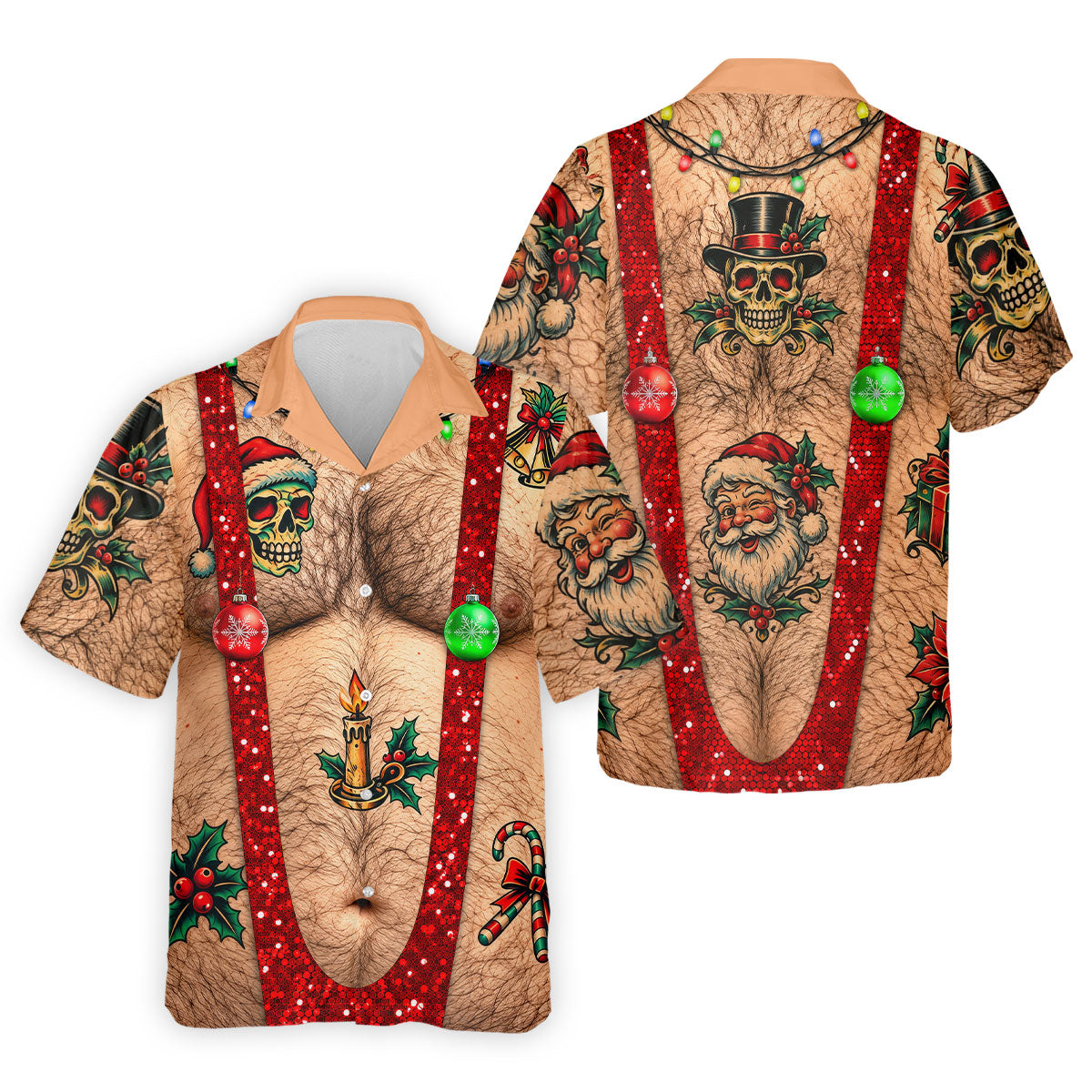 Santa Skull Hairy Chest Christmas Golf Shirt, Mens Golf Polo, Golf Shirts For Men