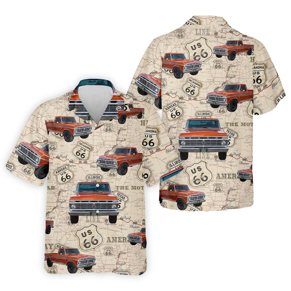 Custom Photo Truck Golf Shirt, Vintage Pickup Route 66 Map Pattern, Golf Shirt For Men