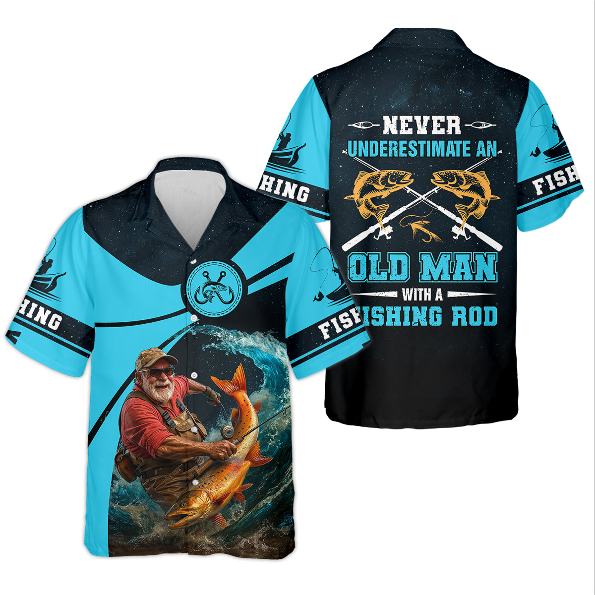 Never Underestimate An Old Man With A Fishing Rod Custom Name UPF Shirts, Men's Fishing Shirt