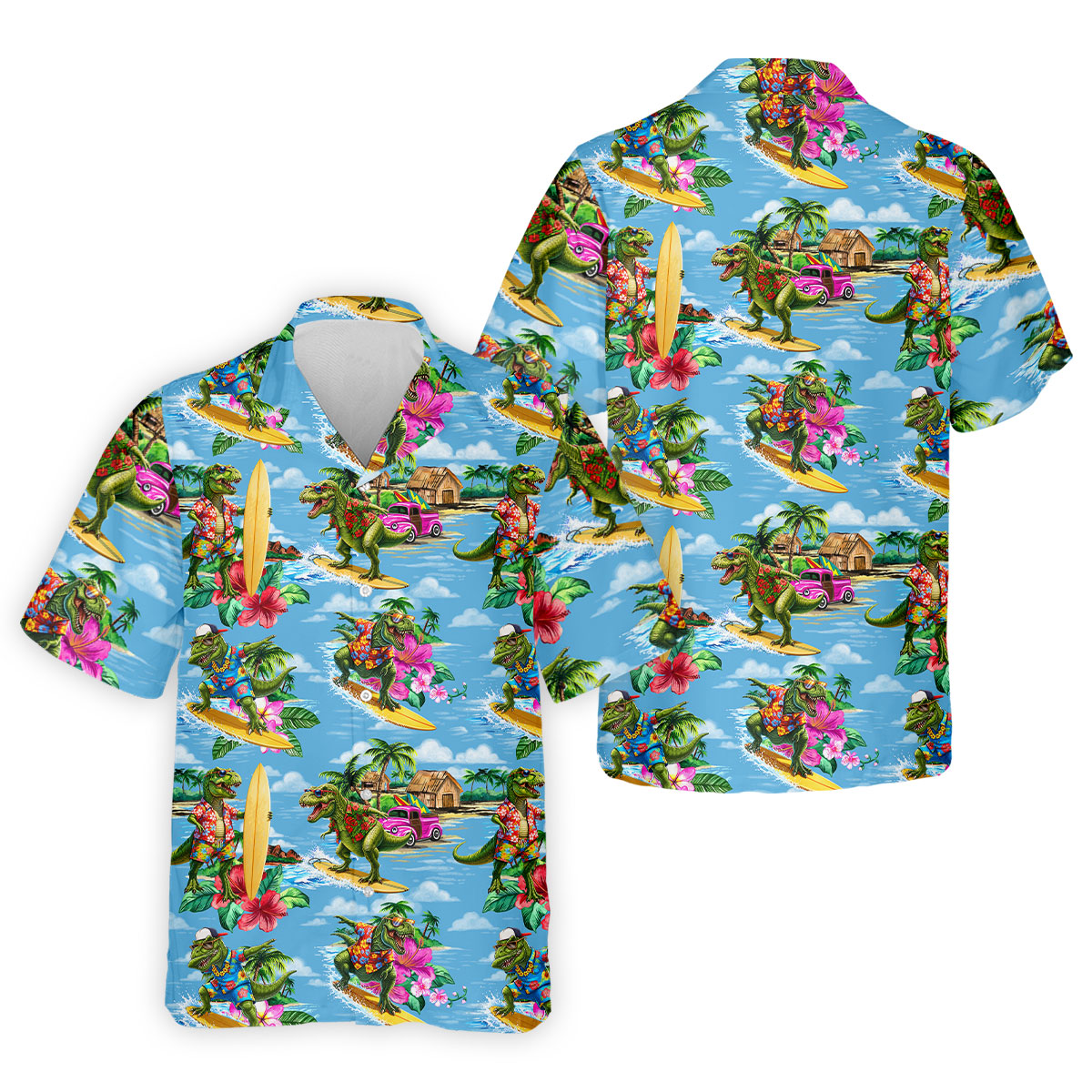 Hawaiian T Rex Surfboard Beach Hawaiian Golf Shirt, Mens Golf Polo, Printed Golf Shirts