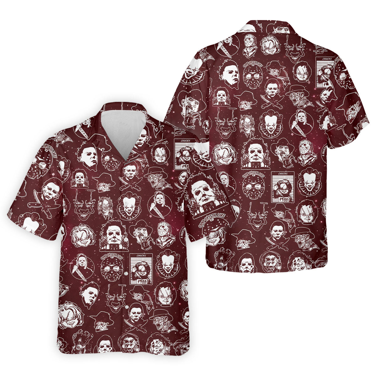 Vintage Halloween Horror Character Pattern Golf Shirt, Men's Golf Shirt, Hawaiian Golf Shirt