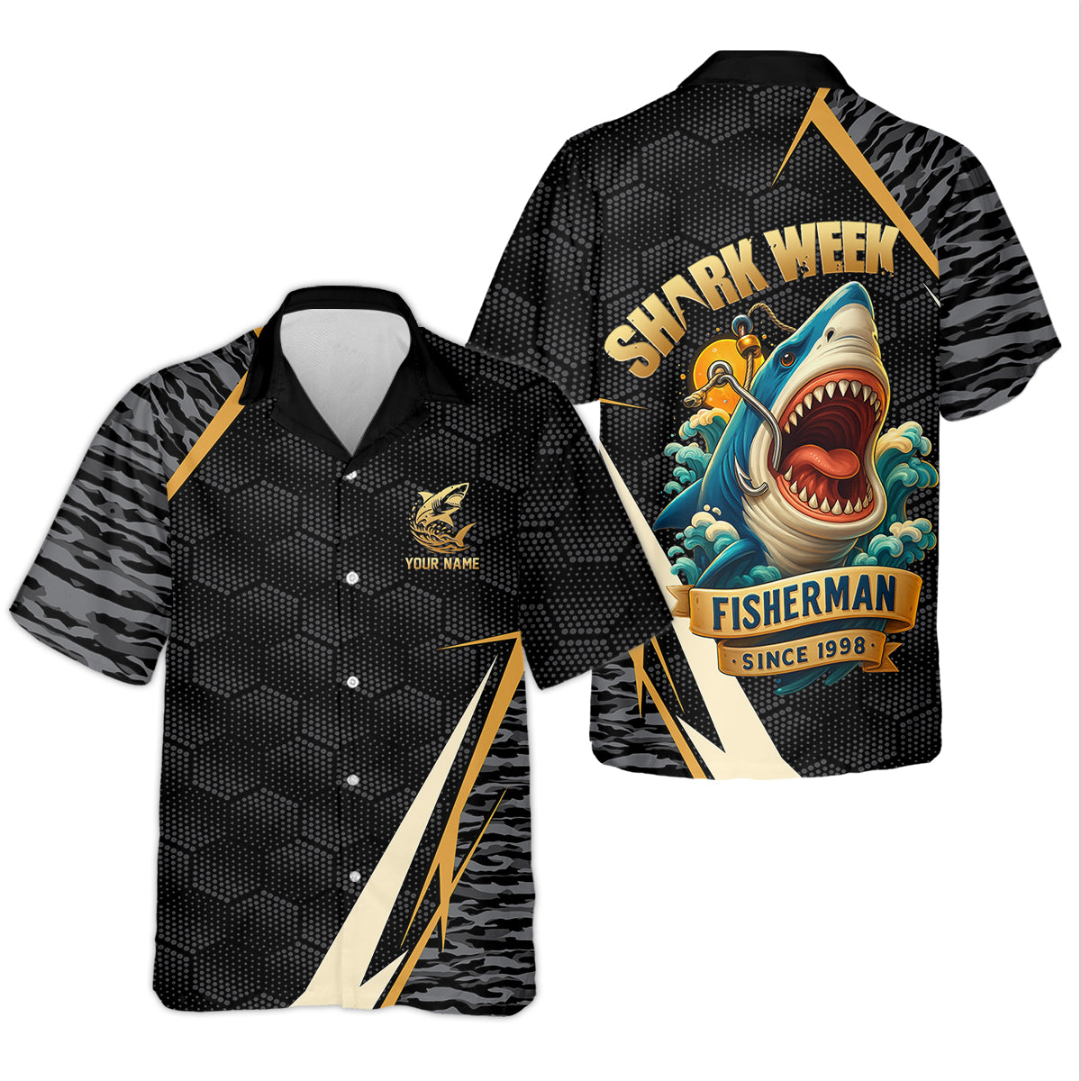 Shark Fishing SPF Shirt, Shark Week Hexagon Pattern Black Fishing Shirt, Female Fishing Shirts