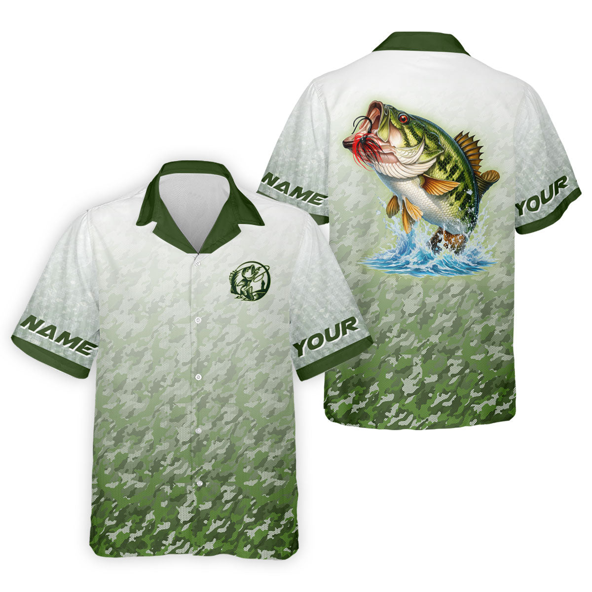 Custom Largemouth Bass Fishing Shirt for Men, Camo Green Angler Shirt, Fishing UPF Shirts