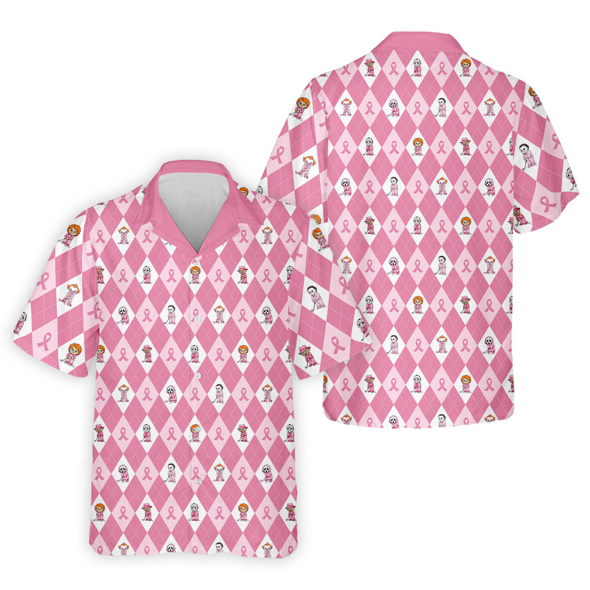 Pink Argyle Horror Character Breast Cancer Polo Shirt, Golf Shirts For Men, Mens Golf Shirts