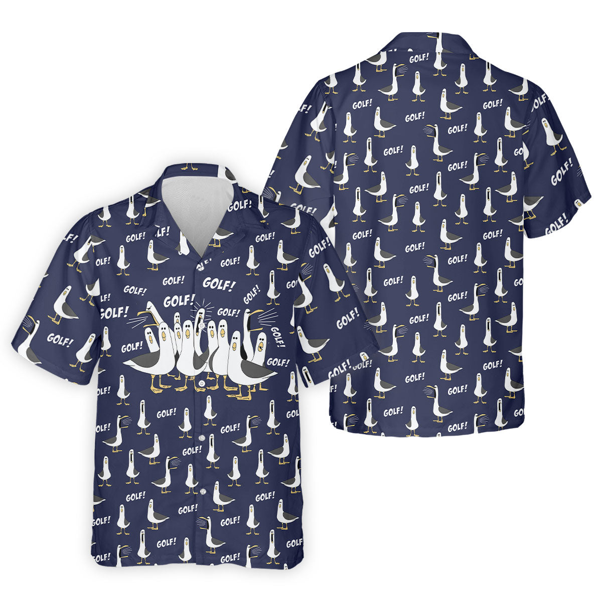Funny Seagull Halloween Golf Shirt, Cartoon Bird Pattern, Mens Golf Apparel, Hawaiian Golf Shirt