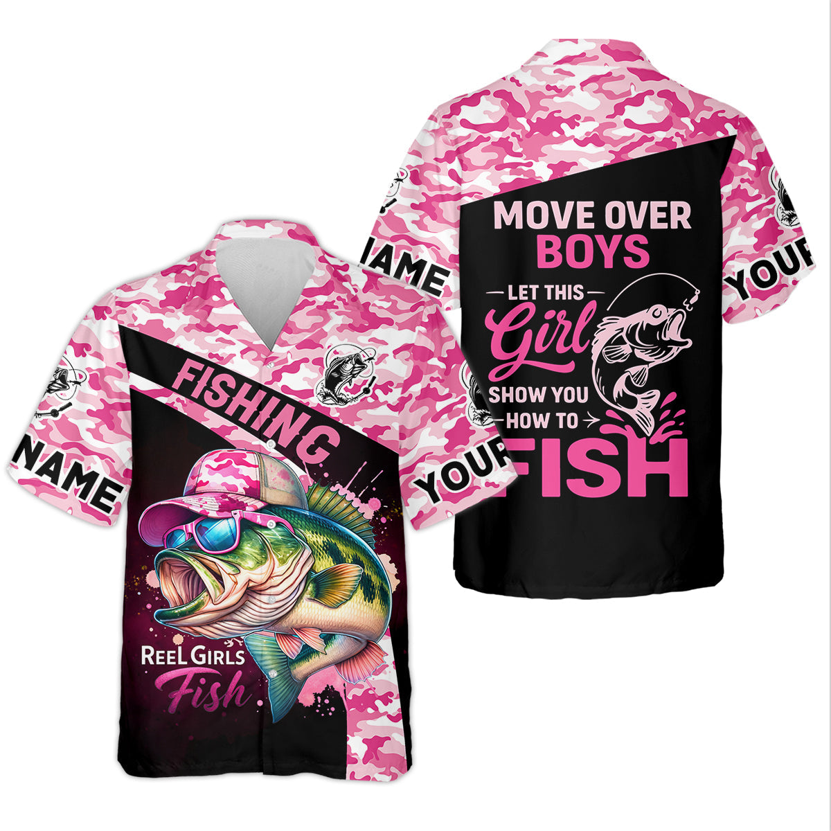 Personalized Move Over Boys Fishing Shirt, Pink Camo Girl Angler, Custom Name Fishing Shirt