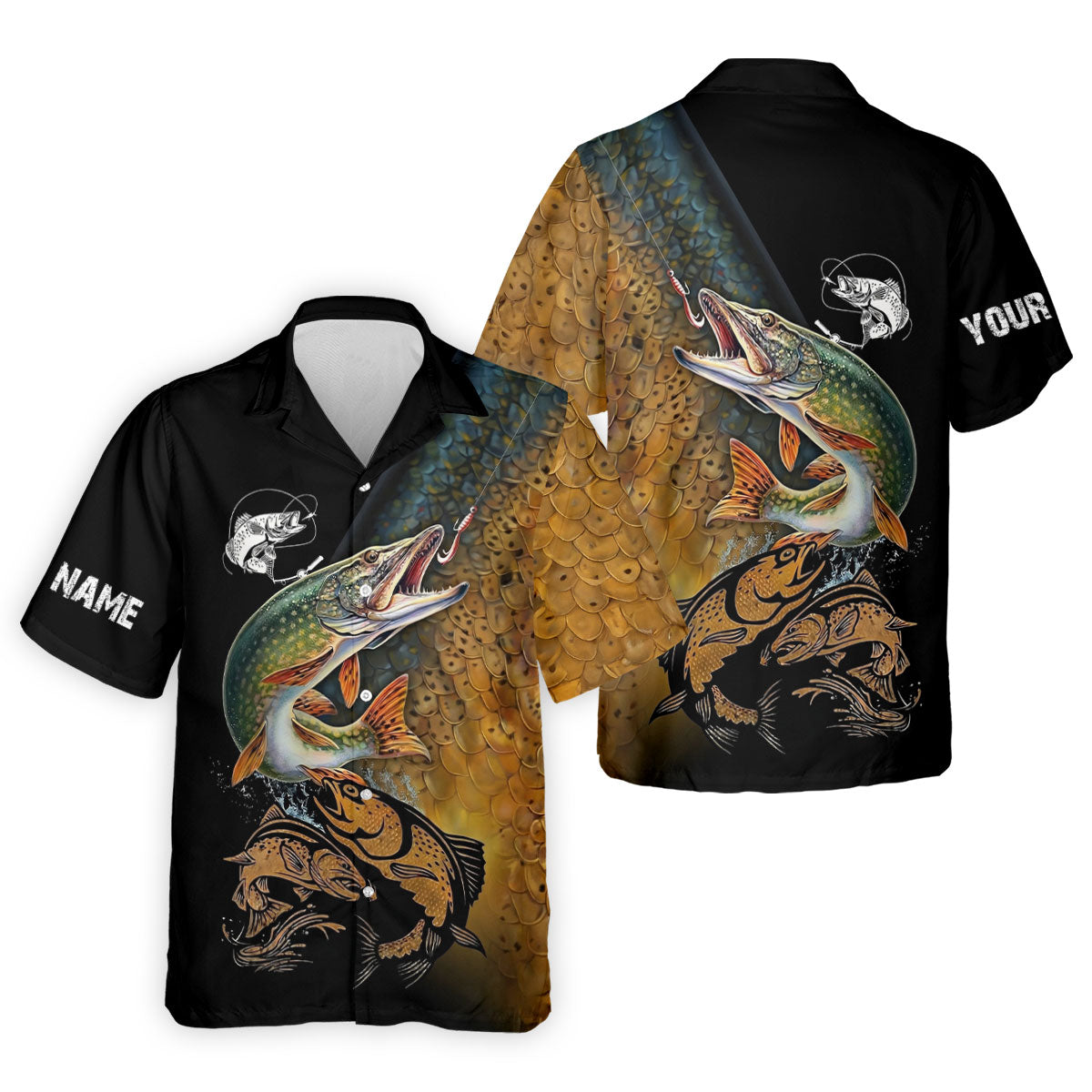 Northern Pike Fishing Gold Brown Scale Pattern Fishing UPF Shirts, Fishing Shirts For Men