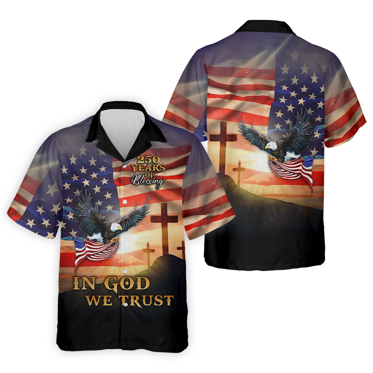 250 Years Of Blessing In God We Trust Faith Cross Patriotic 4th Of July Golf Shirts For Men