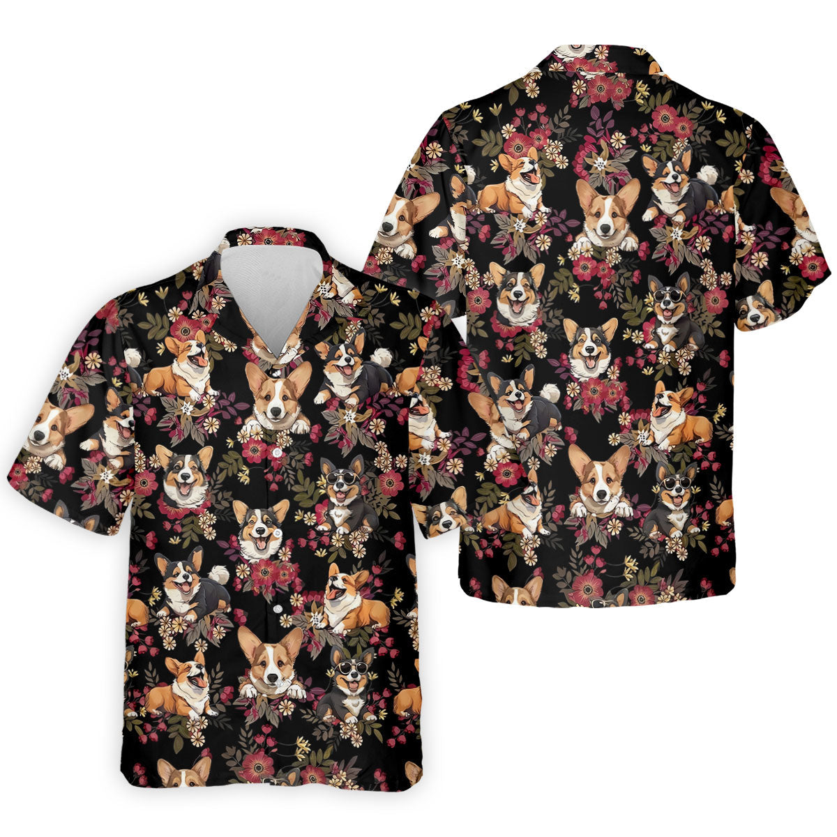 Cute Corgi Floral Hawaiian Pattern Polo Shirt, Mens Golf Polo, Funny Golf Shirt