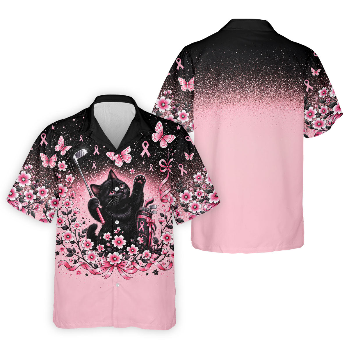 Black Cat Breast Cancer Ribbons Polo Shirt, Mens Golf Polo, Golf Apparel For Men