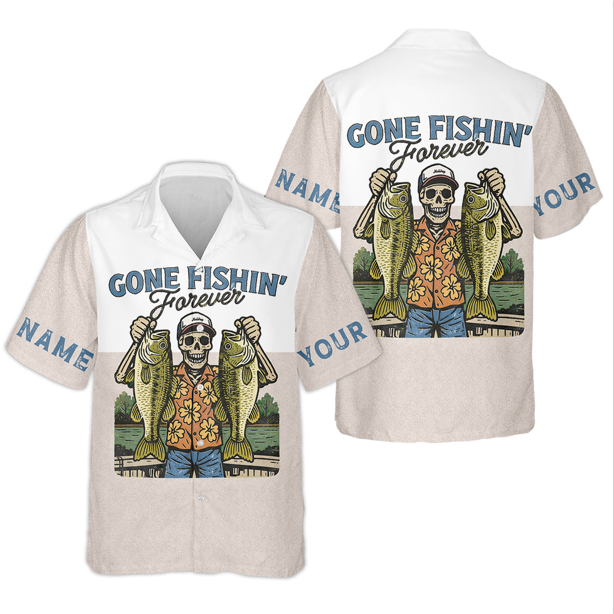 Gone Fishing Forever Funny Skeleton Largemouth Bass Fishing UPF Shirts, Fishing Shirts For Men