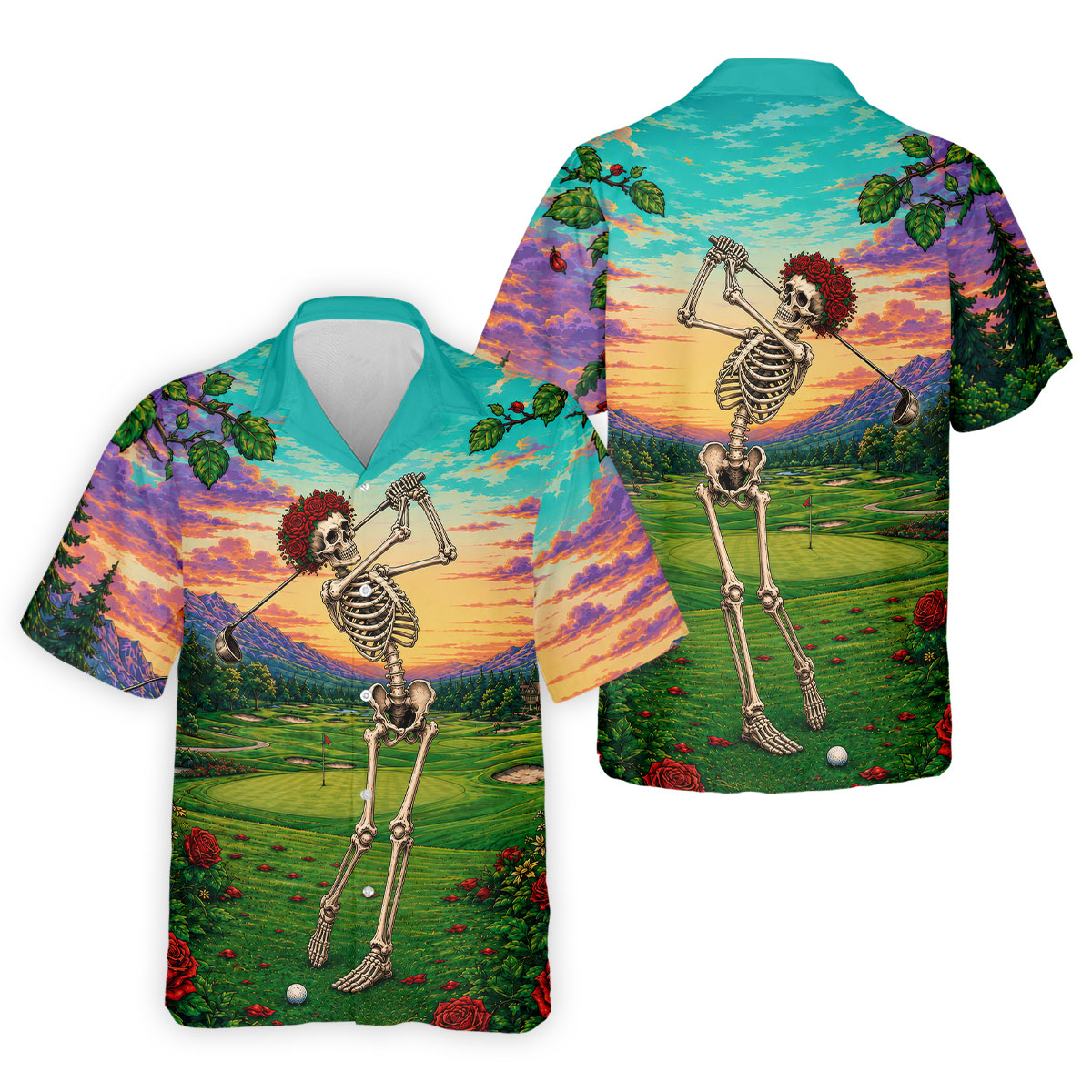 Skeleton Golfer Sunset Golf Course Shirt, Mens Golf Apparel, Halloween Golf Shirt