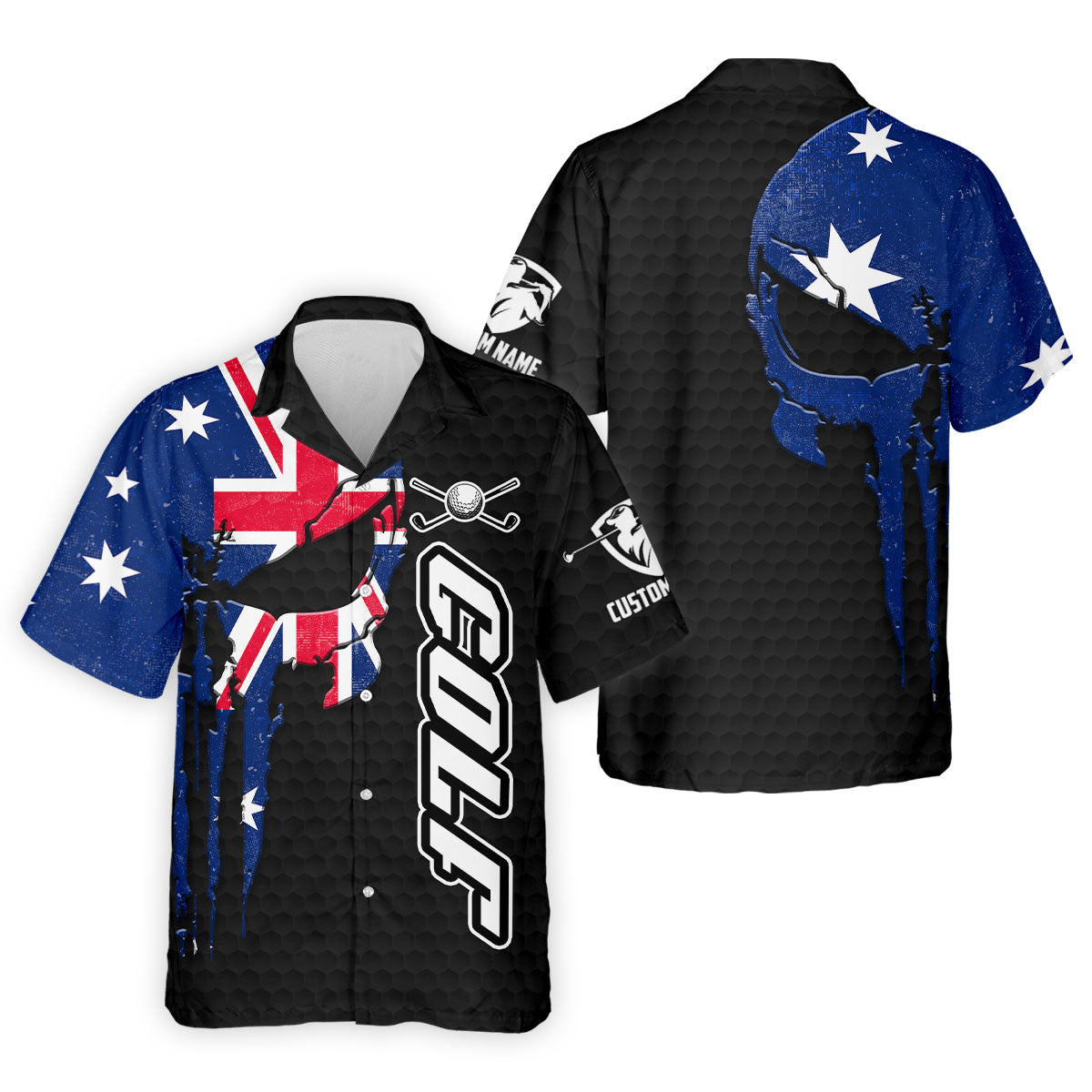 Cool Skull Golf Ball Pattern Australia Flag Print Black Golf Shirt, Polo Shirts For Men