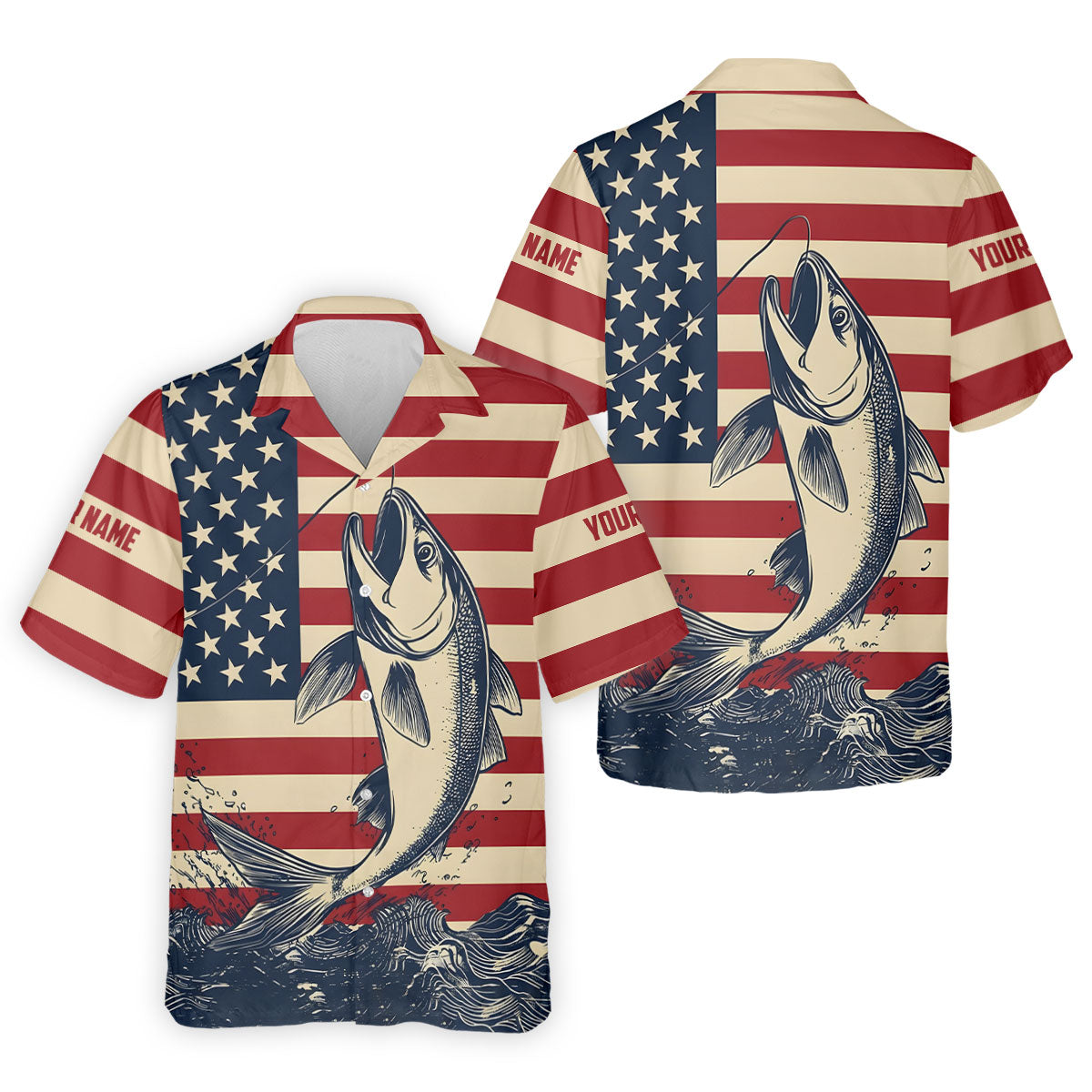 Personalized American Flag Fishing Shirt, Patriotic Bass Long Sleeve UPF For Men