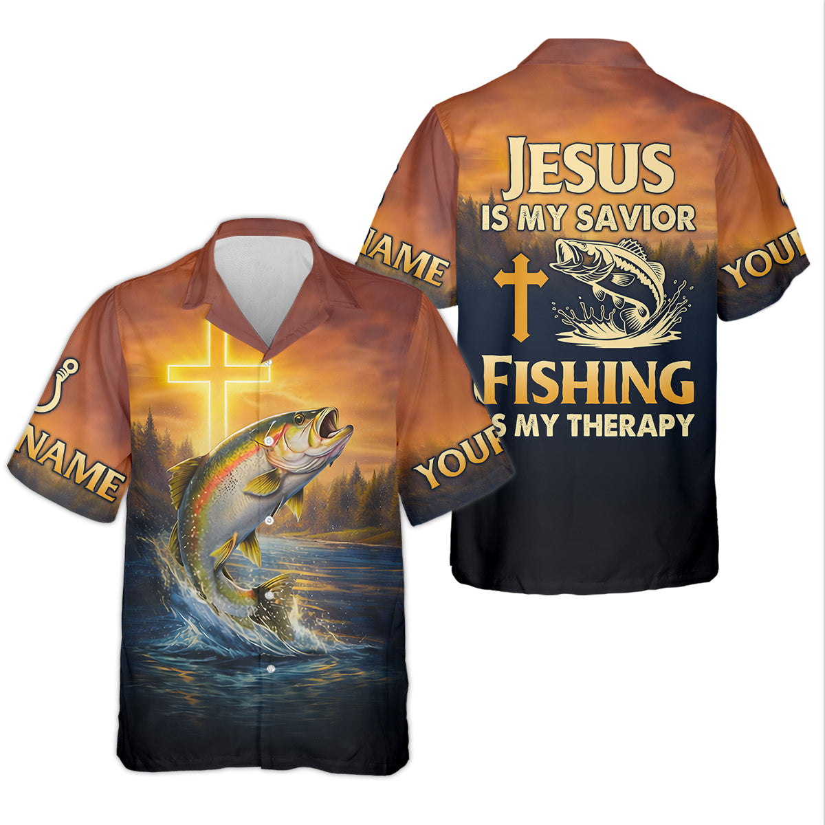 Jesus Is My Savior Fishing Is My Therapy Shirt, Custom Name Fishing Shirt, Fishing UPF Shirts, Funny Fishing Shirt