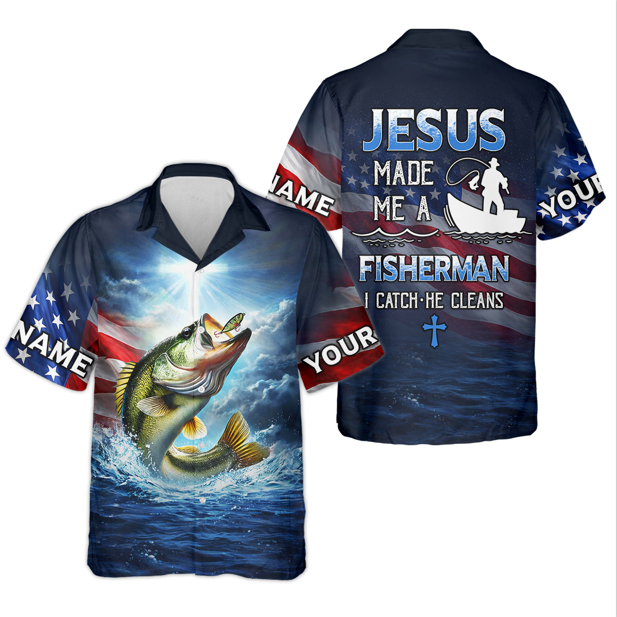 Jesus Made Me A Fisherman Shirt, Patriotic Christian Bass Fishing Shirt For Men, Fishing UPF Shirts