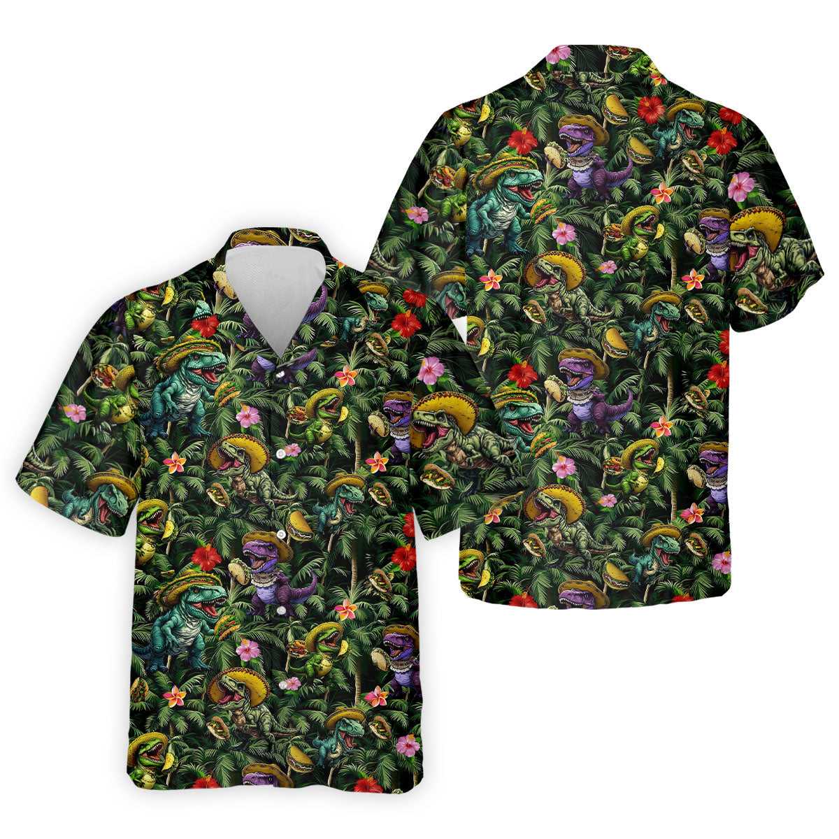 Hawaiian Dinosaur Sombreros Tacos Fun Golf Shirt, Cinco De Mayo Celebration Golf Shirts For Men