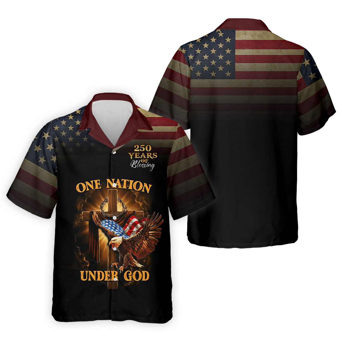 One Nation Under God 250 Years Faith Cross Golf Tops For Men, Patriotic US Flag Father's Day Golf Shirt