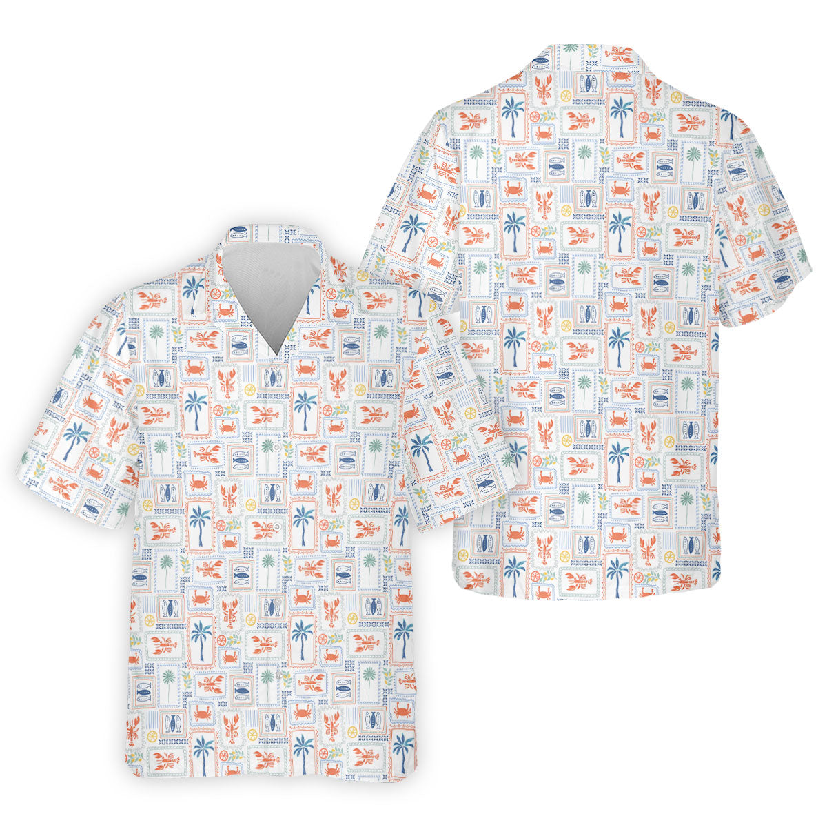 Seafood Patchwork Pattern Tropical Theme Fishing UPF Shirts, Fishing Shirts For Men