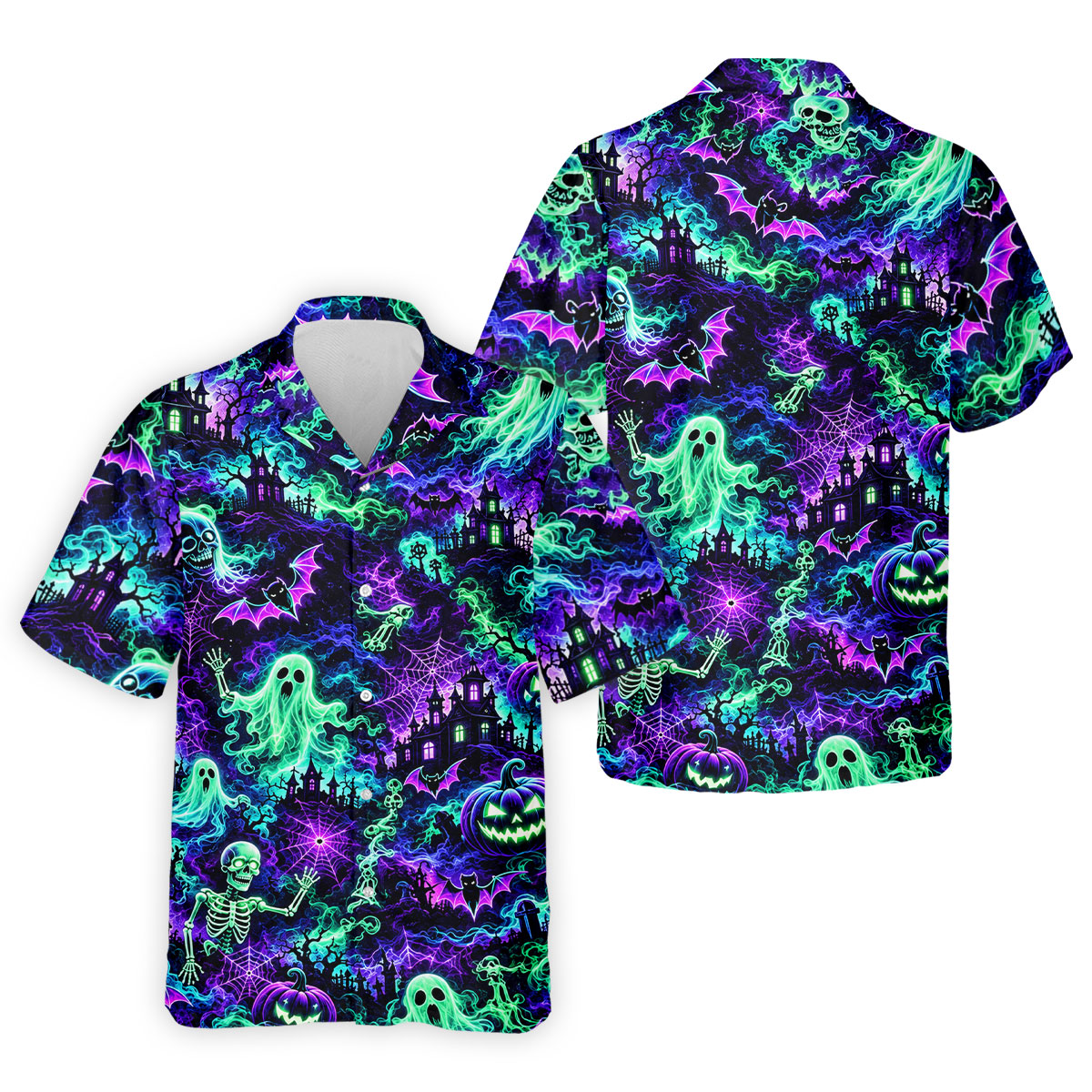 Neon Ghost Skeleton Halloween Horror Character Polo Shirt, Golf Shirt, Mens Golf Polo