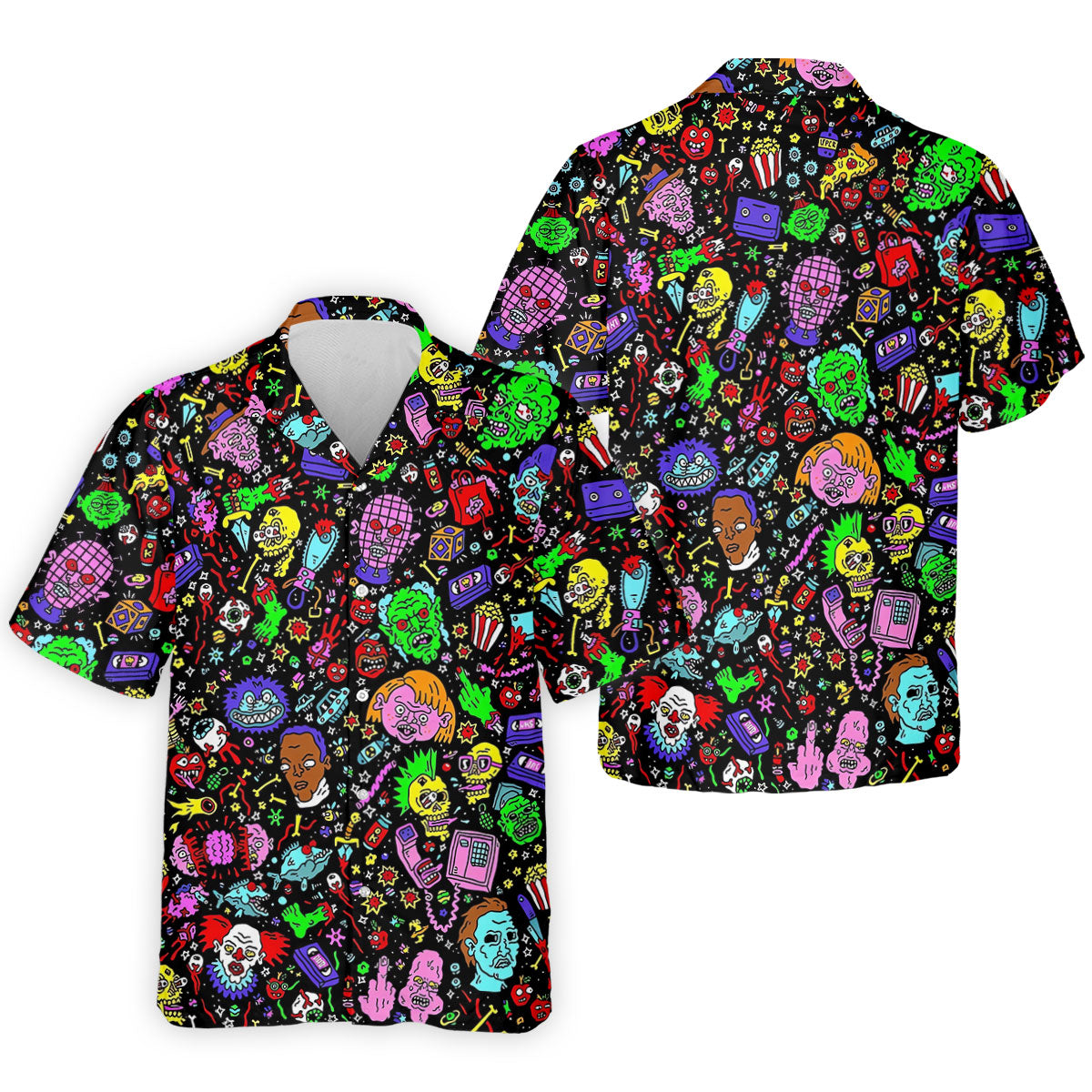 Halloween Horror Character Doodle Hawaiian Golf Shirt, Men's Golf Shirt, Printed Golf Polo Shirt